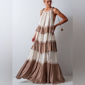 Elegant Cream and Brown Tiered Maxi Dress